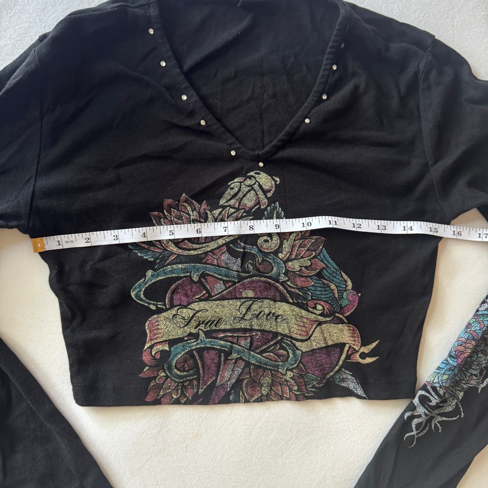 Urban Outfitters Tattoo Graphic Crop Top Size S Black V-Neck Y2K Rhinestone Goth - Picture 7 of 11
